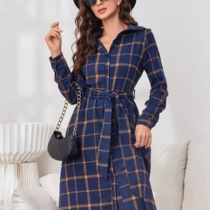 Plaid Tie Waist Long Sleeve Dress