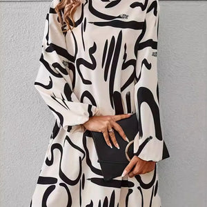 Printed Mock Neck Long Sleeve Mini Dress