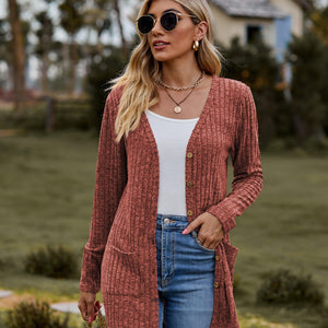 Ribbed Button-Up Cardigan with Pockets