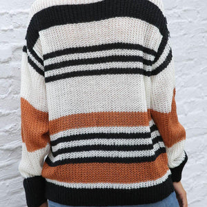 Contrast Striped Round Neck Long Sleeve Sweater