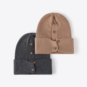 Button Detail Rib-Knit Cuff Beanie