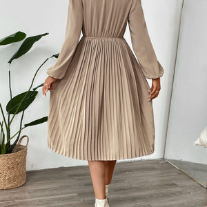 Perfee Pleated Tie Neck Long Sleeve Dress