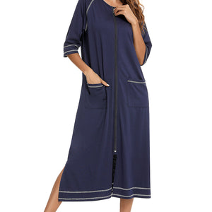 Zip Up Slit Round Neck Night Dress with Pockets