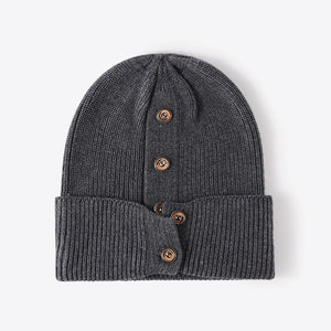 Button Detail Rib-Knit Cuff Beanie