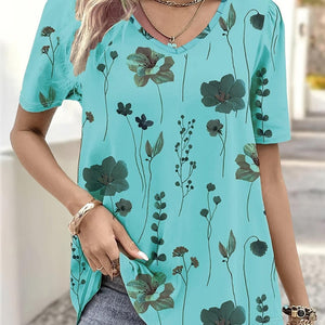 Printed V-Neck Short Sleeve Blouse