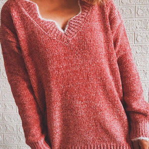 Notched Dropped Shoulder Long Sleeve Sweater