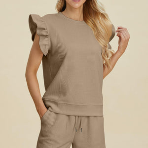 Double Take Full Size Texture Round Neck Ruffle Sleeve Top and Shorts Set