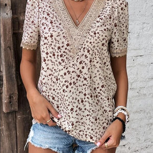 Full Size Printed V-Neck Short Sleeve Blouse