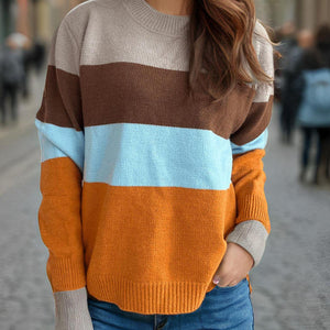 Color Block Round Neck Long Sleeve Sweater