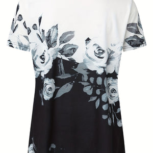 Full Size Printed Notched Short Sleeve Blouse