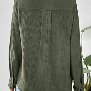 Perfee Textured Notched Long Sleeve Blouse