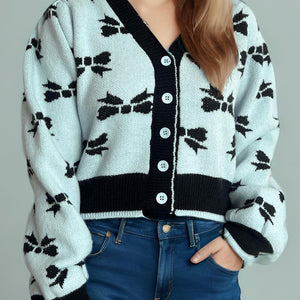 Bow V-Neck Button Down Long Sleeve Cardigan