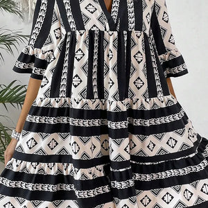 Tiered Printed Notched Half Sleeve Dress