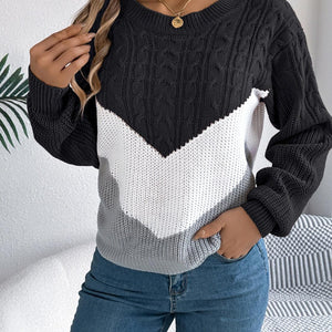 Cable-Knit Color Block Round Neck Sweater