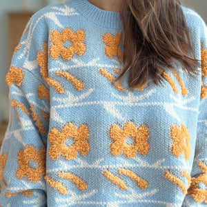 Flower Contrast Round Neck Long Sleeve Sweater