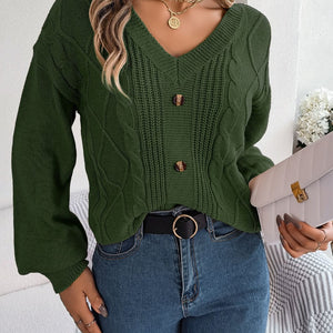 Cable-Knit Buttoned V-Neck Sweater