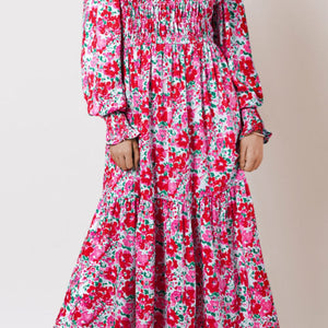 Printed Round Neck Lantern Sleeve Maxi Dress