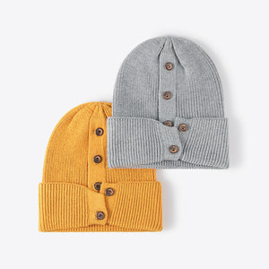 Button Detail Rib-Knit Cuff Beanie