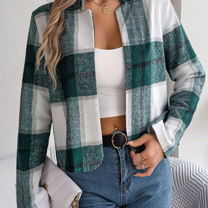 Plaid Open Front Long Sleeve Jacket