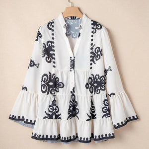 Tiered Printed Notched Long Sleeve Blouse