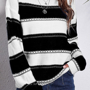 Striped Boat Neck Dropped Shoulder Sweater