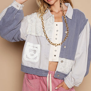 POL Crochet Patch Exposed Seam Button Up Jacket