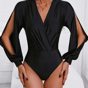 Surplice Slit Long Sleeve Bodysuit