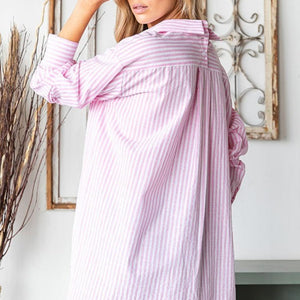 First Love Full Size Striped Button Down High-Low Hem Shirt