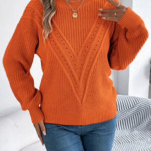 Openwork Round Neck Long Sleeve Sweater