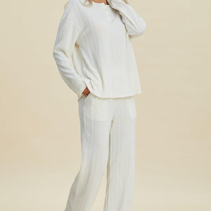 Double Take Full Size Cable-Knit Long Sleeve Top and Pants Set