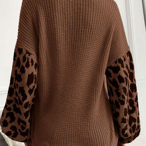 Perfee Leopard Sleeve Dropped Shoulder Sweater