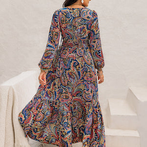 Printed Tie Neck Long Sleeve Midi Dress