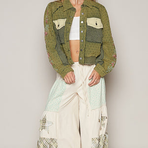 POL Embroidered Sleeve Raw Edge Quilted Jacket