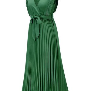 Tied Surplice Cap Sleeve Pleated Dress