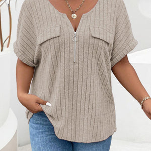 Plus Size Half Zip Short Sleeve T-Shirt