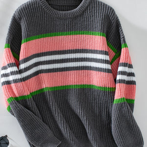 Contrast Stripes Round Neck Long Sleeve Sweater