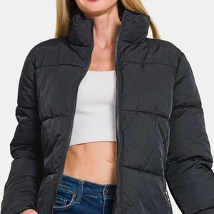 Zenana Zip Up Turtleneck Puffer Jacket with Pockets