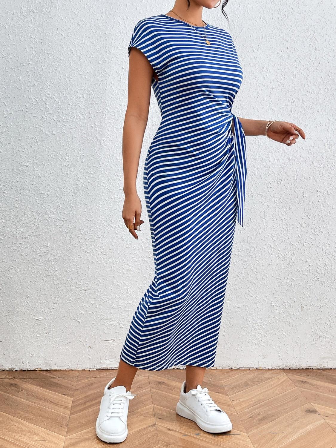 Honey Tied Striped Round Neck Short Sleeve Tee Dress