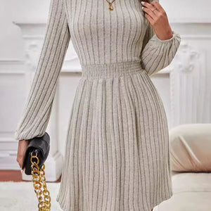 Smocked Round Neck Long Sleeve Knee Length Dress