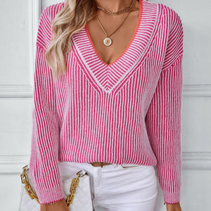 Striped V-Neck Long Sleeve Sweater