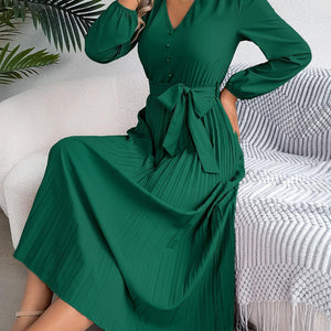 Pleated Tied V-Neck Long Sleeve Dress