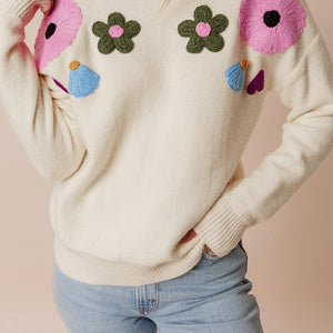 Crochet Flower Round Neck Dropped Shoulder Sweater