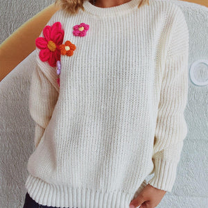 Crochet Flower Round Neck Dropped Shoulder Sweater