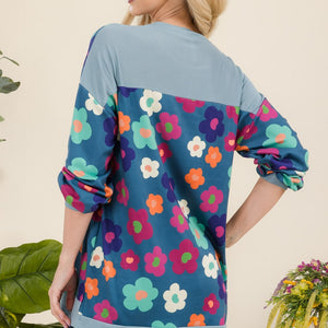 Celeste Full Size Side Slit Flower Print Long Sleeve Top