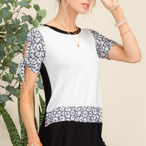 Celeste Full Size Open Tie Sleeve Leopard Color Blocked Top