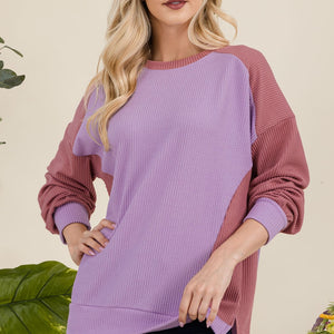 Celeste Full Size High-Low Contrast Round Neck Sweatshirt