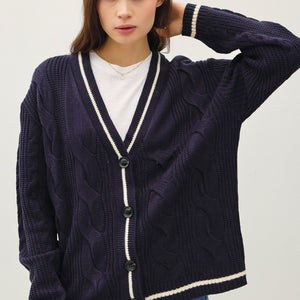 Be Cool Contrast Trim Cable-Knit V-Neck Cardigan