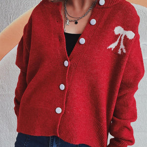 Bow Round Neck Button Up Long Sleeve Cardigan