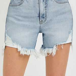 RISEN High Rise Side Step Hem Denim Shorts