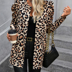 Leopard Open Front Puff Sleeve Jacket